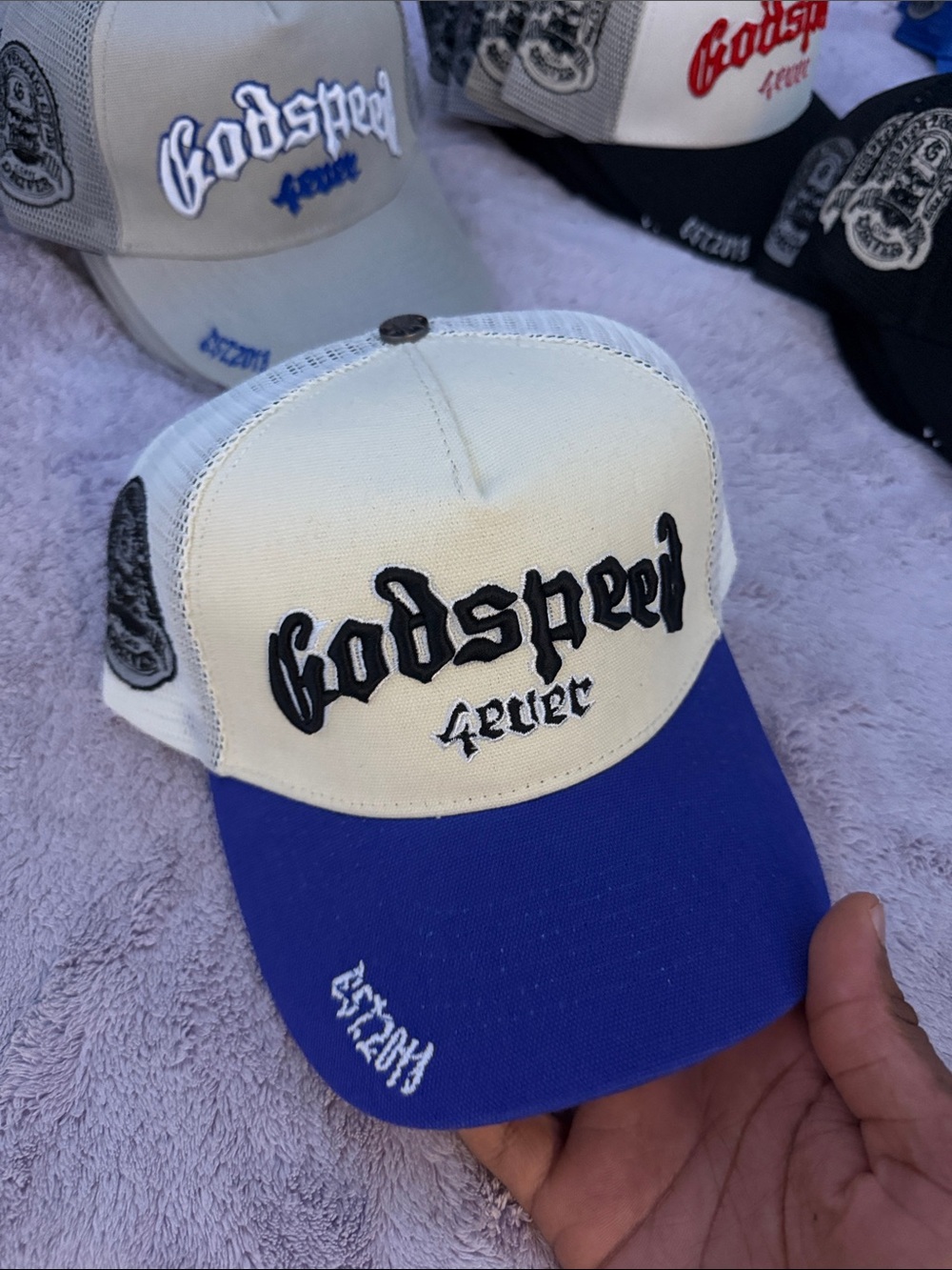 Godspeed Forever Embroidered Trucker Hat - White & Royal Blue